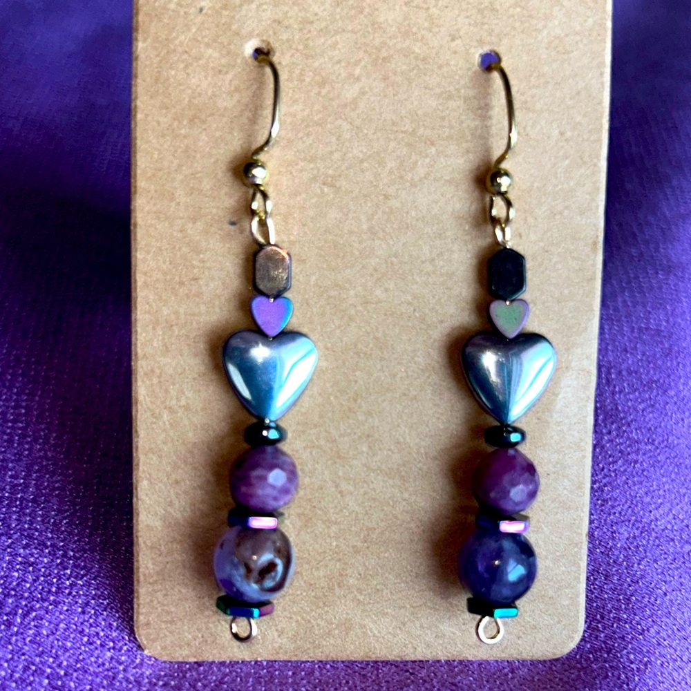Ruby Zoisite X Hematite heart droplet earrings